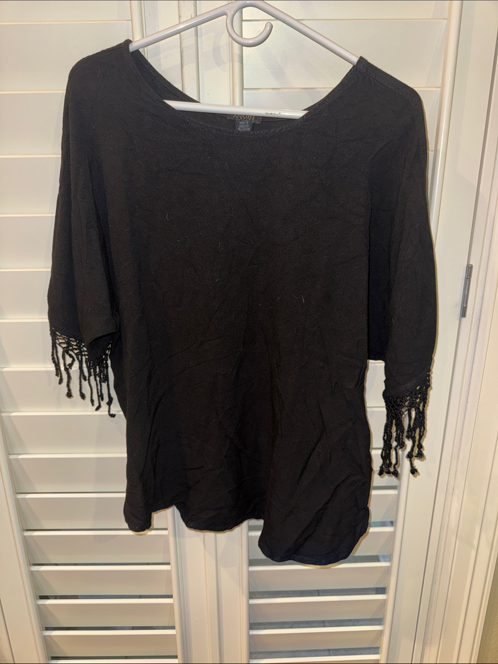 Black Fringe-Sleeve Tunic Top - Relaxed Fit
